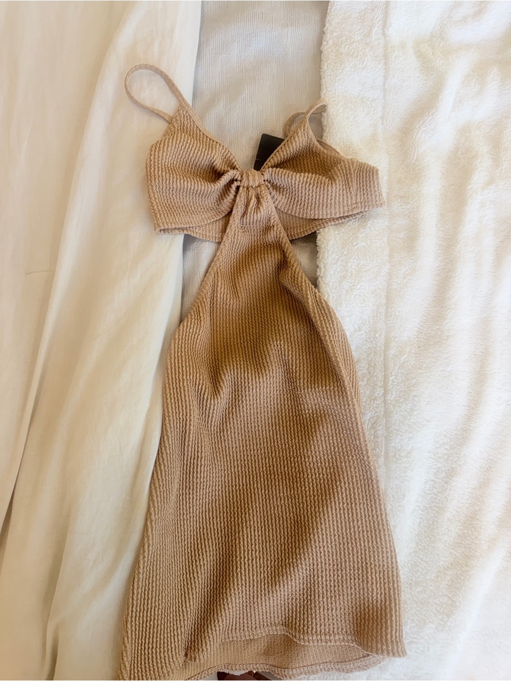 Knit Cutout Bodycon Dress in Camel PrettyLittleThing